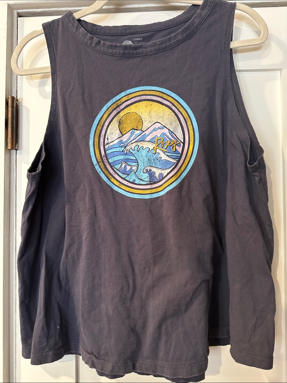 Roxy women’s Graphic Tank Top in Charcoal with Blue & Yellow Accents